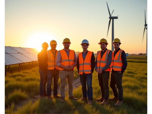LuminaGrid Energy team collaborating at a large-scale solar farm in Texas with wind turbines in the background