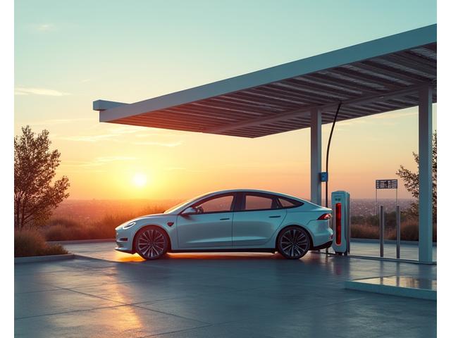 Modern EV charging stations under a solar canopy at sunset