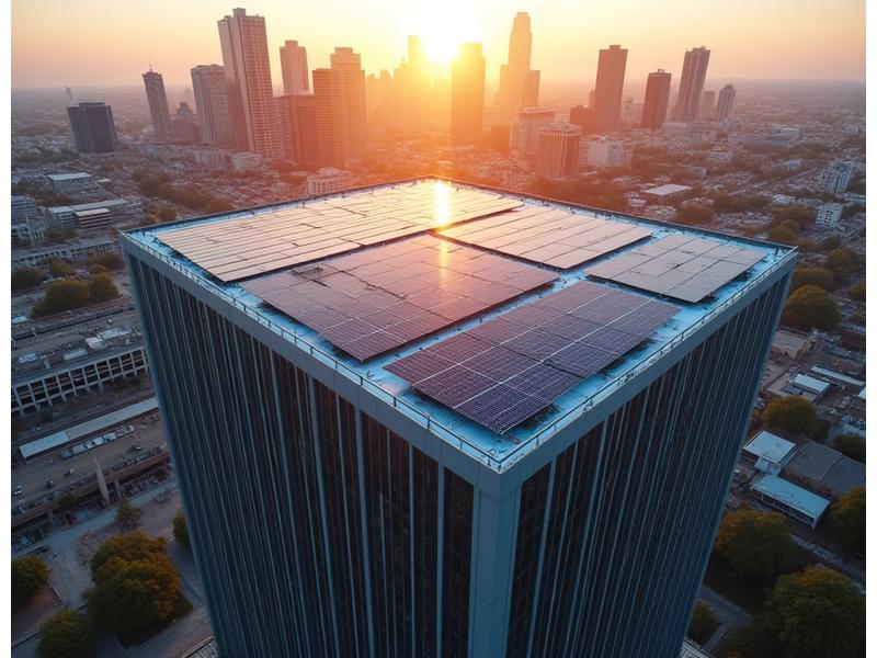 Drone shot of a large commercial building in Dallas with extensive solar panels on its roof, illustrating a successful installation.