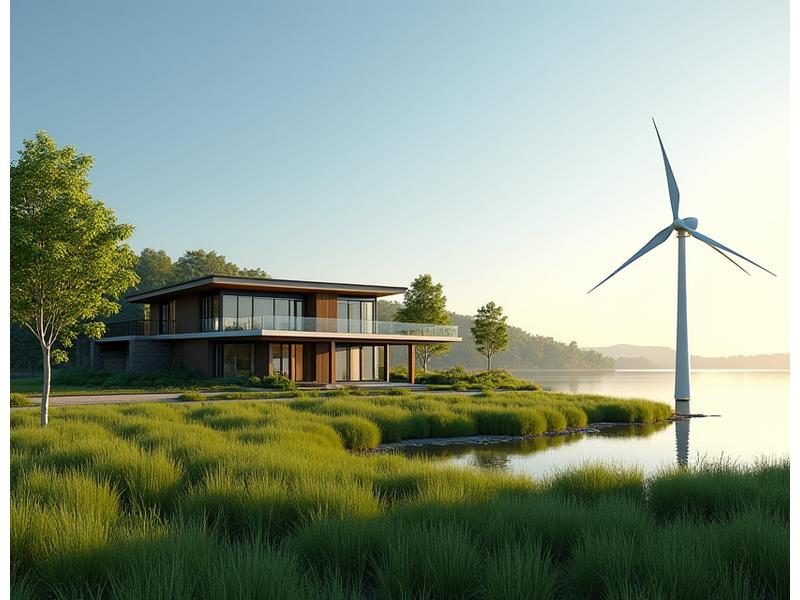 A residential property near a lake in Texas with a small, modern wind turbine gracefully spinning nearby, providing clean energy.
