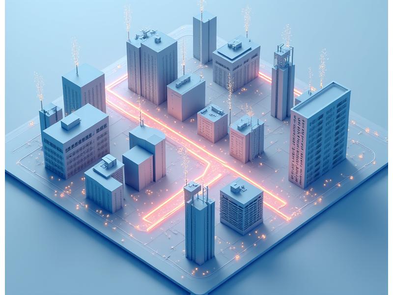 Overhead view of a simplified urban area grid, with pathways connecting various buildings and an energy storage facility, representing smart grid implementation.