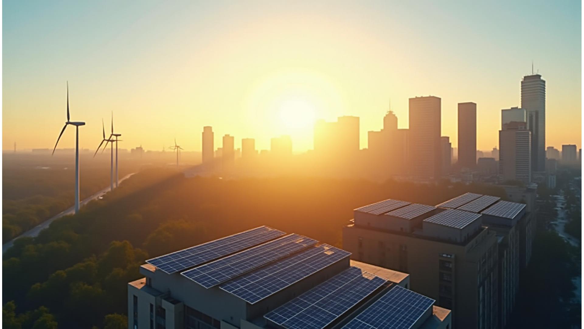 Dallas skyline bathed in golden hour light with visible modern solar panels on rooftops and sleek wind turbines in the distance, symbolizing renewable energy transforming the city.
