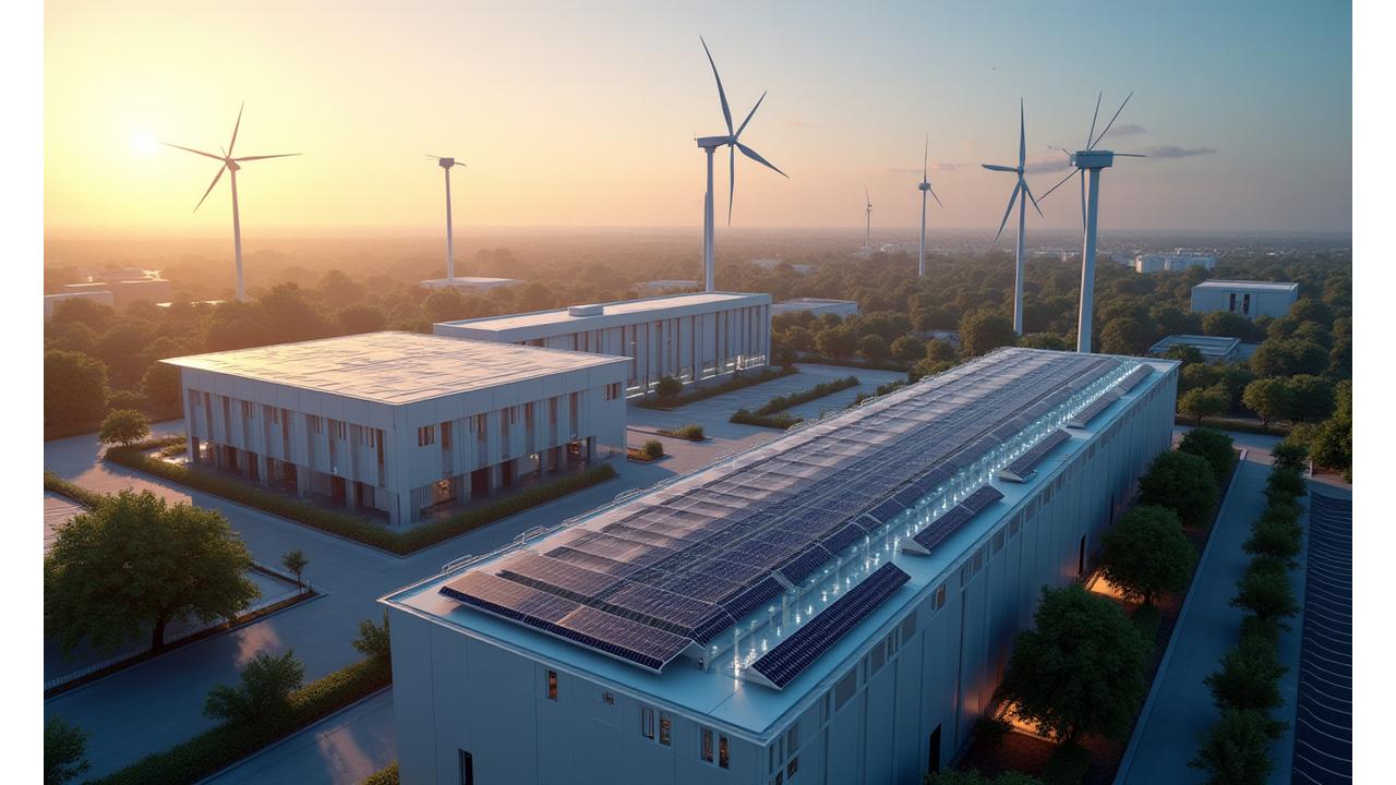 Artistic representation of a modern microgrid system with solar panels, wind turbines, and battery storage connected to a critical facility in Dallas.