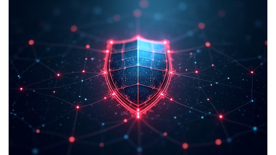 Visually representing a secure network with interconnected nodes and a shield icon, emphasizing robust data protection.