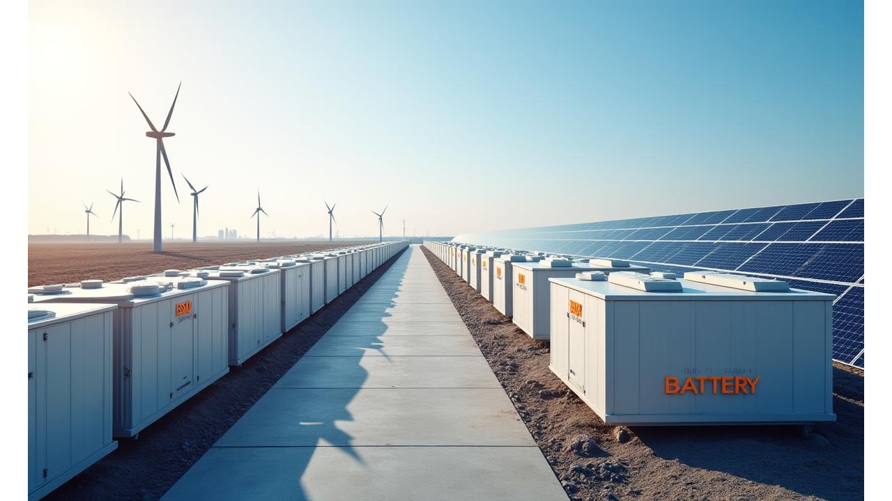 Advanced energy storage systems next to solar panels and wind turbines, symbolizing high-capacity renewable energy supply for data centers in Texas