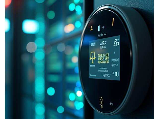 Close-up of a smart meter with digital display showing energy consumption data, connected to a sophisticated network of cables and light trails