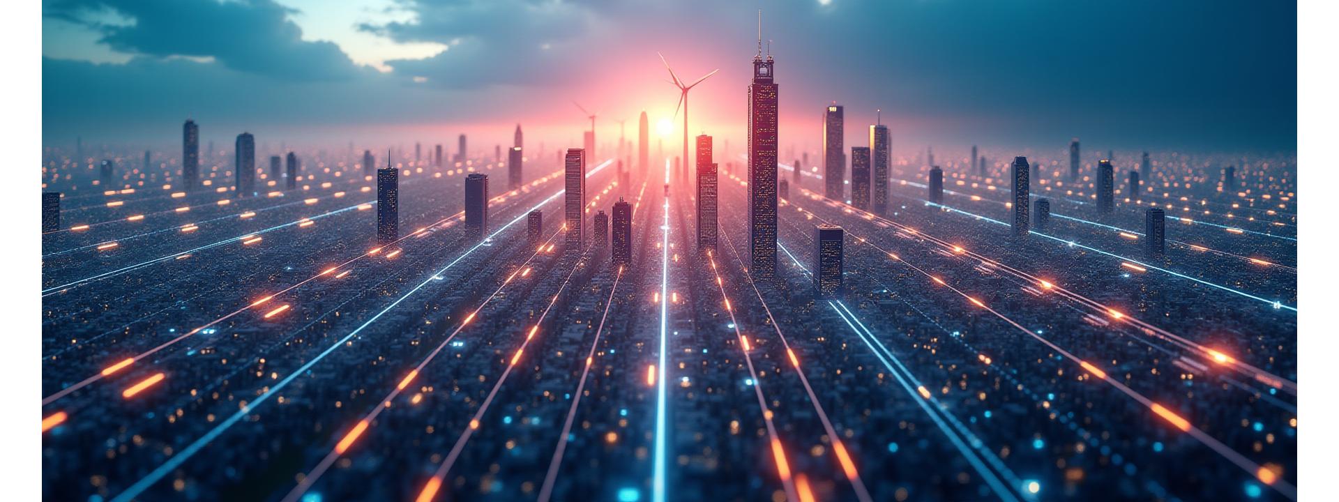 Panoramic view of a modernized city skyline at dusk with an overlay of a glowing, interconnected smart grid network showing data flow and energy distribution
