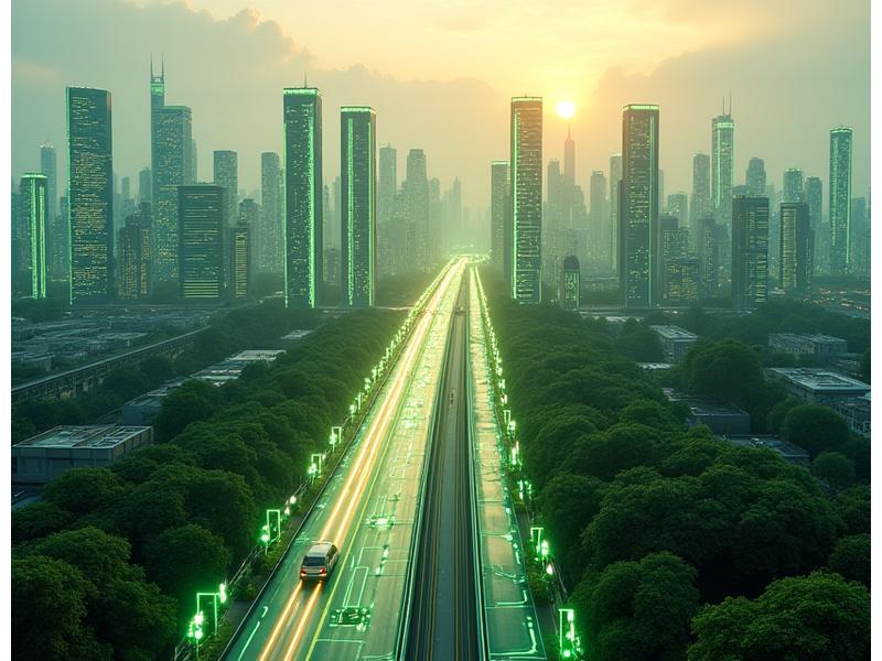 Sophisticated drone shot of a futuristic, green city with integrated smart grid infrastructure visible as glowing circuits over buildings and public parks, at dawn.