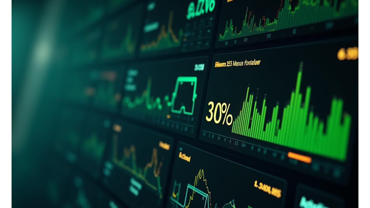 Close-up view of a high-tech control dashboard displaying complex real-time energy flow visualizations, efficiency metrics, and outage reports on multiple screens, with a stylized graph showing '30% efficiency gains'.