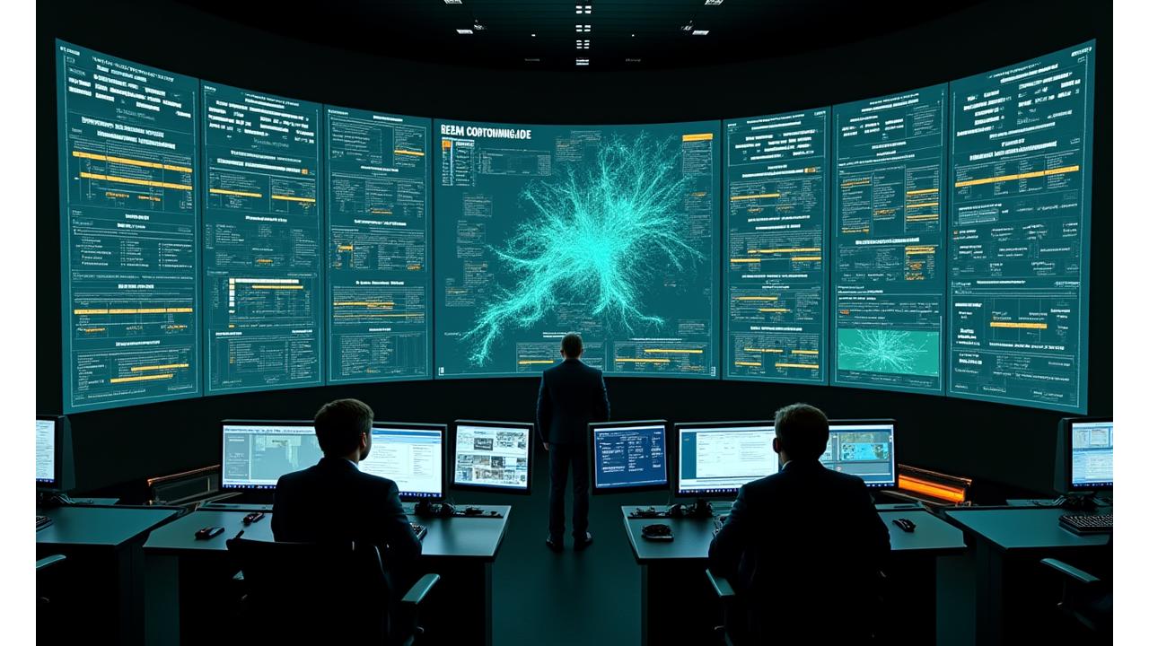 Overhead view of a smart utility control room with multiple screens displaying real-time grid data and analytics. Operators are seen monitoring the system.