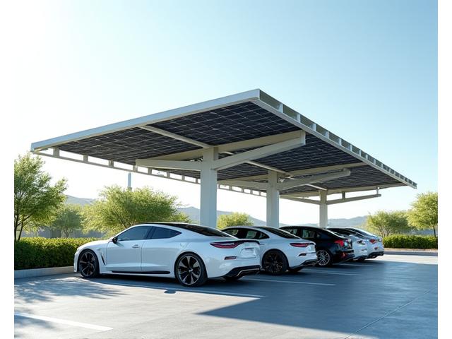 Modern solar carport covering a parking lot, providing shade and generating electricity