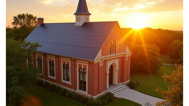 A community church in Dallas with solar panels integrated onto its roof, symbolizing clean energy adoption.