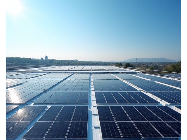 Large solar array on the flat roof of a commercial building in an industrial park