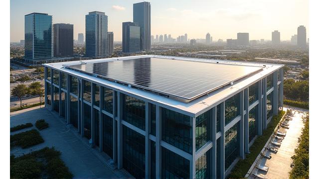 A large commercial office building in Dallas with solar panels on its flat roof
