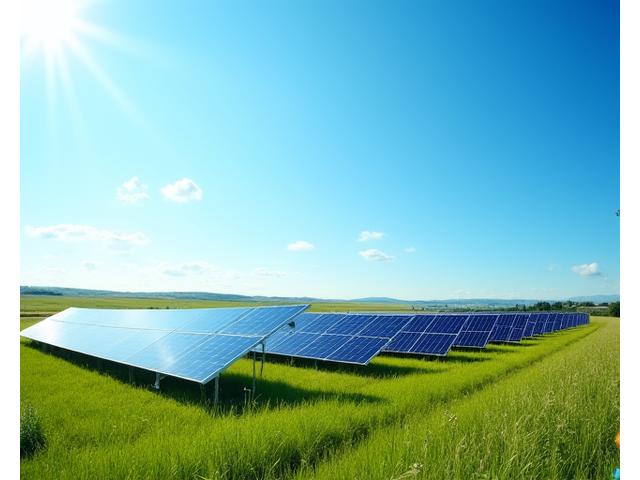 Expansive ground-mounted solar panel array in a large open field under a sunny sky