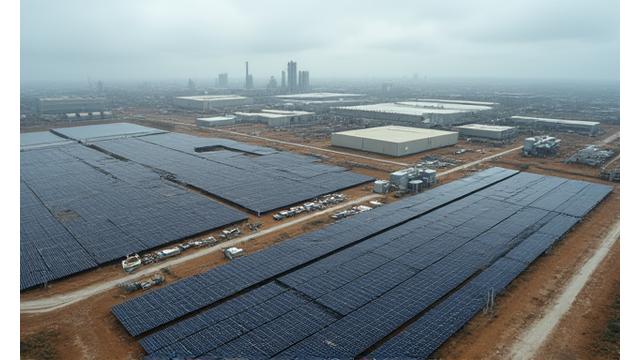 An expansive industrial facility with a large ground-mounted solar array nearby