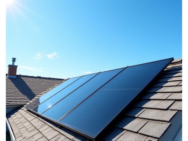 Solar panels neatly installed on a modern residential rooftop with a blue sky background