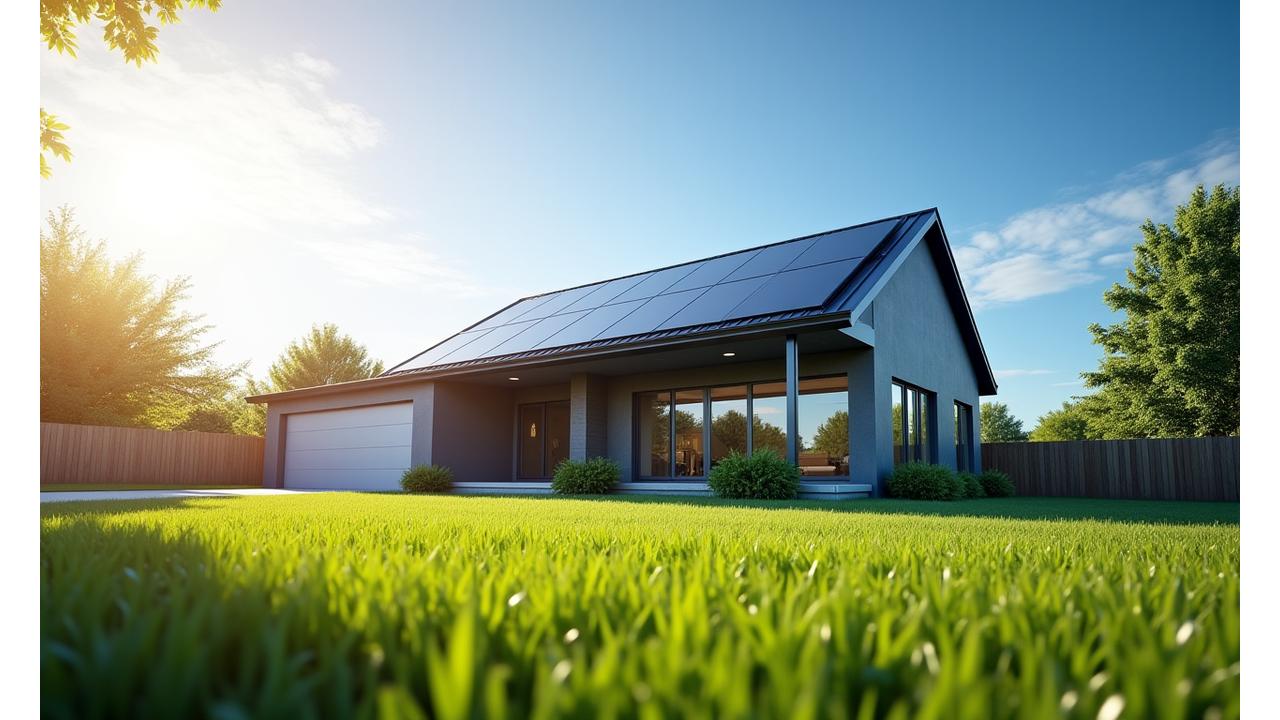 Modern Dallas home with newly installed solar panels on the roof, sunlight glinting off the panels, a green lawn, and a clear blue sky