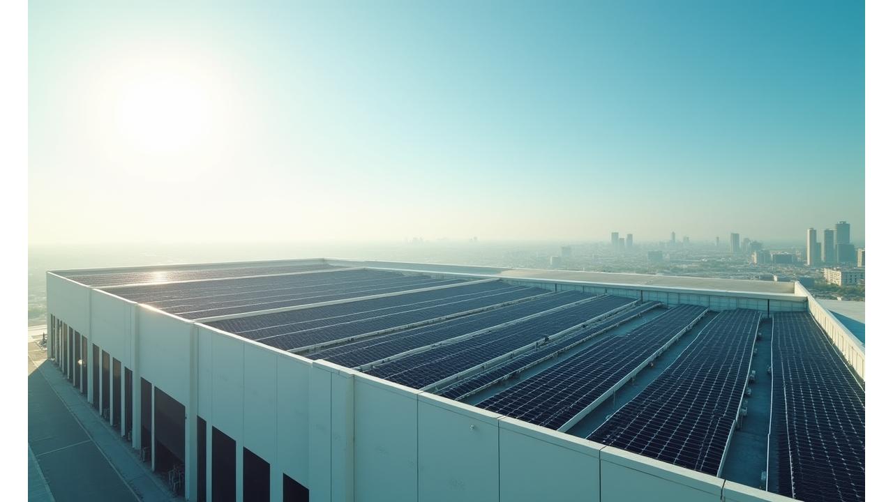 Modern commercial building with expansive solar panel installation on its roof, illustrating maximum space utilization and sleek integration.