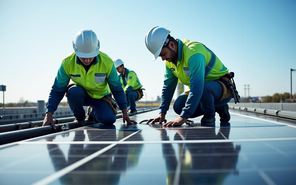 LuminaGrid Energy certified solar technicians meticulously installing panels on a commercial rooftop, emphasizing safety and precision.