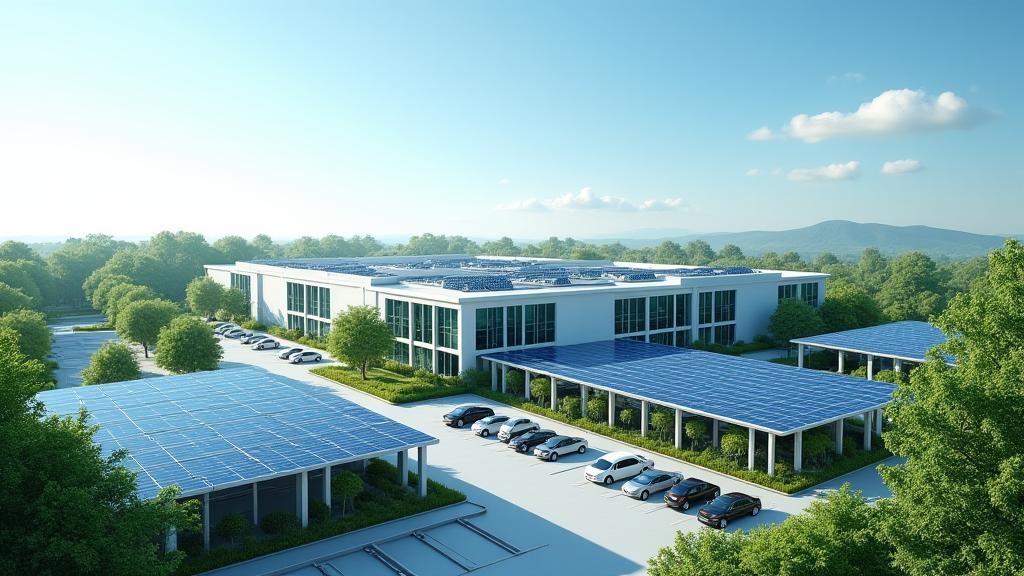 Illustration of a commercial building with a solar canopy over its parking lot, adjacent to a rooftop solar array, demonstrating integrated solar solutions.