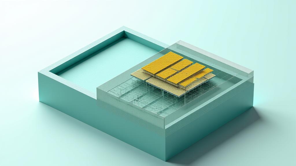 Detailed 3D render of a commercial rooftop with optimized solar panel placement, showing an overlay of potential energy generation zones.
